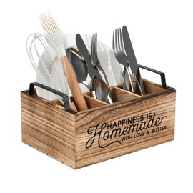 BSDLZCH Wooden Utensil Caddy with 4 Compartments, Kitchen Silverware Caddy with Handles Coffee Bar Storage Box Wood Rack Storage Basket with Handle Coffee Bar Accessories