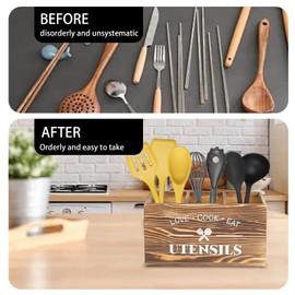 Gzsekken Utensil Holder for Kitchen Counter, Large 3 Compartments Wood Kitchen Utensils Organiser, Brown Cutlery Holder with Drainer, Kitchen Utensil Storage & Organisation