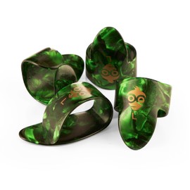 Pick Geek Finger and Thumb Pick Set | 1 x Celluloid Thumb Pick | 3 x Celluloid Finger Picks | Small Size | Green Tortoiseshell Colour | Includes Draw-String Bag for Safe Keeping