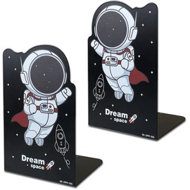 Jingtxy 2 Pack Metal Bookends,Non-Slip Black Cartoon Astronauts Book Stopper,Heavy Duty Premium Space-Themed Decorative Book End, Supports for Kids Children Shelves,Room,Office,Learning Gifts