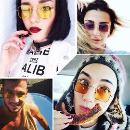 Bsreyeop Trendy Rectangle Sunglasses for Women Men Retro Small 90s Square Sun Glasses Metal Frame Candy Color Lens (2 Park: Gold Yellow & Blue C1)