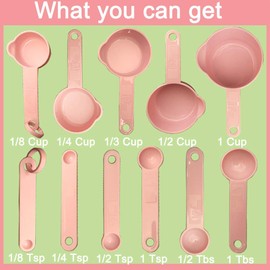 TAKANAP PINK Measuring Cups and Measuring Spoons Set of 11pcs, Plastic, Nordic color Cups, Included 2 pcs Kitchen Tool Hook Up.