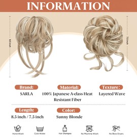 SARLA 2PCS Blonde Messy Bun Hair Pieces for Women Wavy Curly Synthetic Hairpieces for Updos with Tendrils Fake Scrunchies Ponytail Extension Sunny Blonde