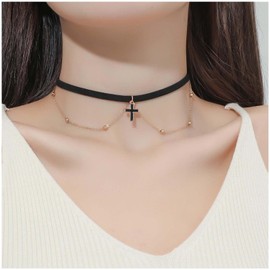 Yienate Punk Black Cross Velvet Choker Necklace Vintage Gold Layered Bead Necklace Black Suede Rope Chain Choker Gothic Statement Religious Prayer Cross Necklace Charm Jewelry for Women and Girls