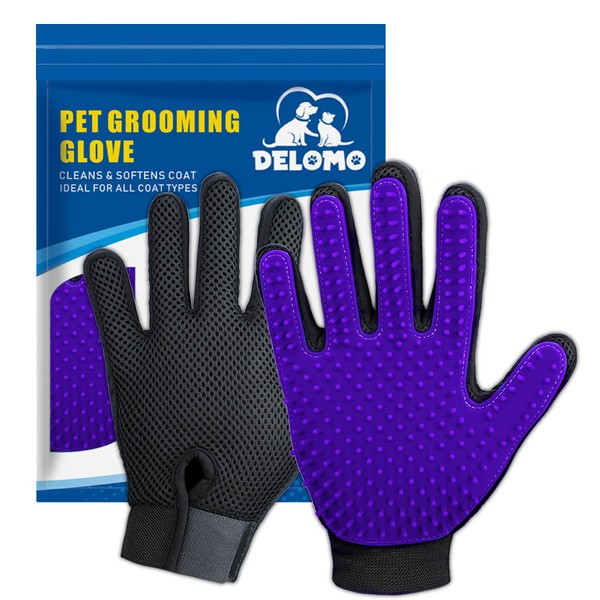 Upgrade Version Pet Grooming Glove - Gentle Deshedding Brush Glove - Efficient Pet Hair Remover Mitt - Enhanced Five Finger Design - Perfect for Dog & Cat with Long & Short Fur - 1 Pair (Purple)