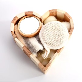 Geschenkset für Spa/Bad, 5-teilig – Holzkiste in Herzform mit Handschuhen aus Leinen, Rosshaar aus Hanf, Bär aus Handtuch, rundem Spiegel und Waschhandschuh – perfekt für Geschenke zur Entspannung und