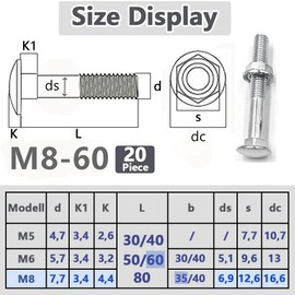 SHUNCHG Pack of 20 Carriage Bolts M8 x 60 Galvanised with Hex Flange Nut, Made of Carbon Steel, M8 Screws, Round-Head Screws