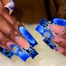RUOKEXIN Curved Nail Tips Press on Nails French Tip Fake Nails Extra Curve Long Square False Nails with Rhinestones Designs Blue Ombre Nail Press ons Sparkly Artificial Nails for Women 20Pcs