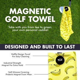 Magnetic Microfiber Waffle Golf Towel – Funny Large 16"x24" Clean Golf Club Ball Magnet Clip to Hang on Bag Cart Strong Premium Strength Ultra Absorbent Gear Black Disc Men (Yellow Bananas)