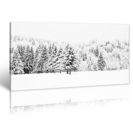 Bedroom Wall Art Decor - Snow Covered Trees in The Winter Forest Black and White Painting Print on Canvas Winter Landscape Photo for Home Office Living Room Picture Framed Ready to Hang 20" x 40"