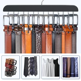 Resovo Belt Hanger for Closet Max 42 Belts, Belt Organizer Closet Accessories with 14 Hooks Belt Rack Sturdy Wood for Closet Organizers and Storage- 2 Pack Black