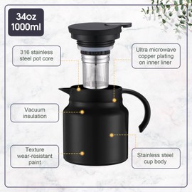 Ziliny 2 Pcs 34 oz Thermal Coffee Carafes for Keeping Hot/cold Stainless Steel Small Coffee Creamer Container Double Wall Vacuum Insulated Tea Pot Milk Beverage Dispenser for Party Home (Black)