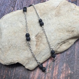 HH Jewellery Black Lava Bead Anklet Slim Stainless Steel Chain with 4mm Stone Beads - Adjustable Size : 9-11 inches