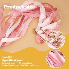 50PCS Ribbon Wedding Sparklers Wand, Wedding Send Off Silk Ribbon Fairy Wands with Gold Bells for Wedding Send Off, Party, Holiday, Activities Celebrate Ribbon Stick(Pink and White)
