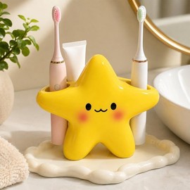 Cute Star Toothbrush Holder - Freestanding Bathroom Countertop Toothbrush & Toothpaste Organizer Stand