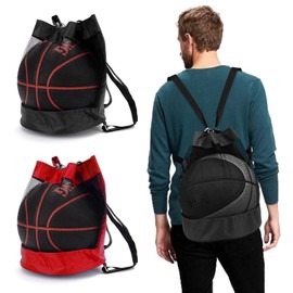 DHSWNNG Pack of 2 Basketball Bag, Ball Net 1 Ball, Foldable Ball Bag, Multi-Purpose Football Backpack with Drawstring, Portable Ball Net for Tennis, Volleyball (Red & Black)