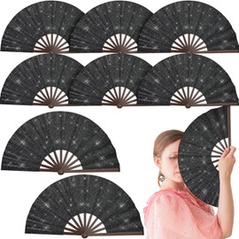 Wenqik 9 Pcs Large Glitter Rave Fan Valentine‘s Day Decoration Folding Hand Foldable Chinese Kung Fu Fan for Home Dance Club Festival Party Stage Performance Decoration(Black)