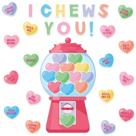 FYSUIMU 40Pcs Valentine's Day Cut-Out Bulletin Board Decor with Glue Point Colorful Gumball Machine Heart Paper Cutting I Chews You Bulletin Border Decor for Classroom Party Wall Decor Craft Supplies