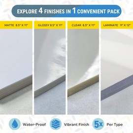 Explore (Non-Epson Printers) - Printable Vinyl Sticker Paper for Inkjet Printer (Blank Stickers) and Laminate Sheets: 5 Matte, 5 Glossy, 5 Clear Waterproof Printable Sticker Paper, 5 Anti-UV Laminate.