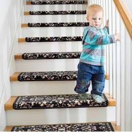 RORA Bullnose Carpet Stair Treads Non-Slip Stair Treads for Wooden Steps,Washable Stair Carpet,Floral Stair Rugs,Runner Indoor Stair Mats for Pets Elder,2pcs,29.5 ''x9.5 ”x1.5 '',Black