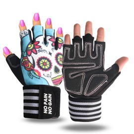 Weight Lifting Workout Gloves Women Men Crossfit with Wrist Wraps Support, Anti-Slip Grip Half Finger Gym Training Glove for Exercise Biking (Blue Skull, Small)