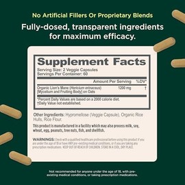 The Genius Brand Genius Lions Mane Cognition Vitaminas Suplemento Cápsulas Suplemento Nootrópico Orgánico, 1200Mg Por Porción 120 Píldoras