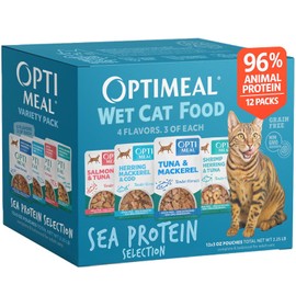 Optimeal Wet Cat Food Variety Pack - Sea Protein Selection, Grain Free Tender Morsels, High Protein Premium Nutrition Made with Natural European Ingredients, Adult Cat Pouches 3oz (Pack of 12)