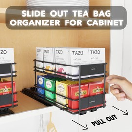 SpaceAid Pull Out Tea Bag Organizer Rack for Cabinet, Heavy Duty Slide Out Teabag Organizer for Kitchen Cabinets, with 70 Labels and Chalk Marker, 5.6" W x10.6 D x 6.6" H, 1 Drawer 2-Tier, Black