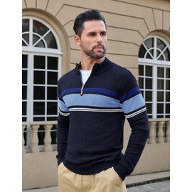 CRYSULLY Mens Sweaters 1/4 Zip Pullover Cotton Polo Striped Sweatshirts Winter Warm Sweater for Men Navy Lack Blue M
