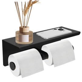 Double Toilet Paper Holder, Stainless Steel Tissue Paper Holder with Shelf Anti -Rust Toilet Paper Dispenser Wall Mounted for Bathroom (Black New)