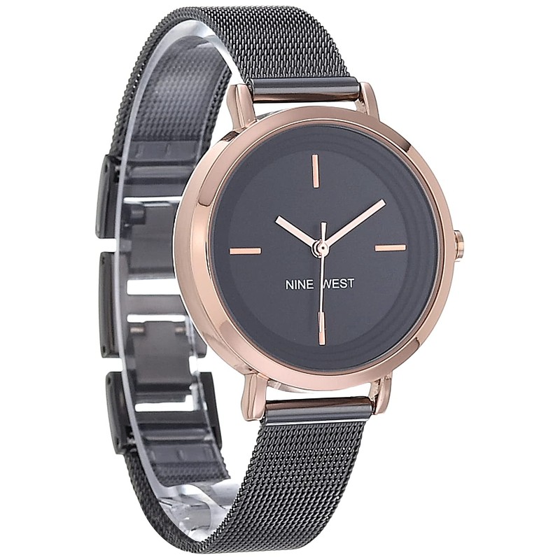 NINE WEST Women's Mesh Bracelet Watch, Dark Gunmetal Grey/Rose Gold,