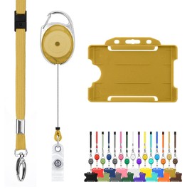 Retractable Lanyard and Badge Holder Trio Triple Pack by LanyardsTomorrow - Set Includes A Single Plain Lanyard, Extendable Carabiner Yoyo Reel Clip and Rigid ID Card Holder (Gold Caramel)