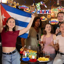 Epakh 22 Pcs Havana Night Party Decorations Set 2 Cuba Banners 12 Hanging Swirls 8 Honeycomb Centerpieces for Cuban Theme Party Supplies