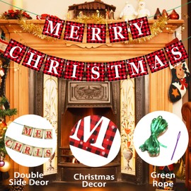 CoFlink Christmas Vintage Decorations Banners - 6.5FT Double-Sided Red Merry Xmas Sign with 12Pcs Letter for Xmas Vintage Tree Banner Sign for Indoor Bedroom Fireplace Mantel Home Door Retro Decor