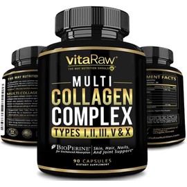 VitaRaw Collagen Pills 1800 mg - Multi Collagen Supplements (Types I, II, III, V & X) Grass Fed Non GMO Collagen Peptides Pills for Hair, Skin and Joints - Hydrolyzed Collagen Protein Powder