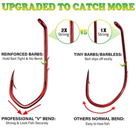 LUCKYFISHING Baitholder Fishing Hooks Saltwater Freshwater 80pcs Professional V Bait Holder Hooks for Bass Trout Crappie Soft Live Baits Red with Size 4/0