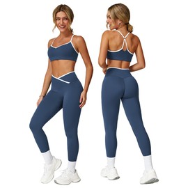 ABOCIW Womens Workout Sets Color Block Strappy Sports Bra Crossover High Waist Leggings Gym Set 2 Piece Yoga Pilates Outfits Active Wear Navy Small