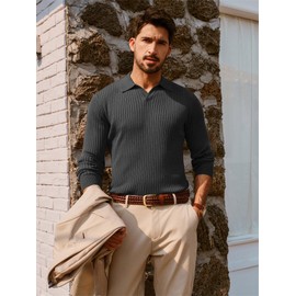 PJ PAUL JONES Herren Lapel Design Pullover Langarm V-Ausschnitt Ribbed Knitwear Dunkelgrau M