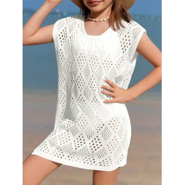 Girl's Cover Up Crochet Swimwear V Neck Knit Summer Beachwear Cover Tops White