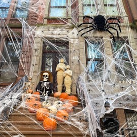 Yanlin Decoracion Halloween, 300 sqft Telaraña de Halloween, con 100 Arañas, Telarañas Elásticas, para Patios, Fiestas, Decoracion Halloween Exterior