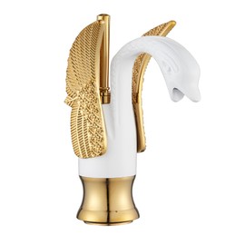 GGStudy Bathroom Faucet White Mixed Gold Swan Single Handle 1 Hole Bathroom Vanity Faucet Basin Tap Deck Mount Lavatory