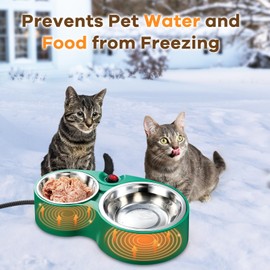 Heated Cat Bowl with Soft Indicator Light – Double Removable Stainless Steel Bowls, Freeze-Proof Water & Food, Overheat Protected, Chew-Resistant Cord, UL Listed