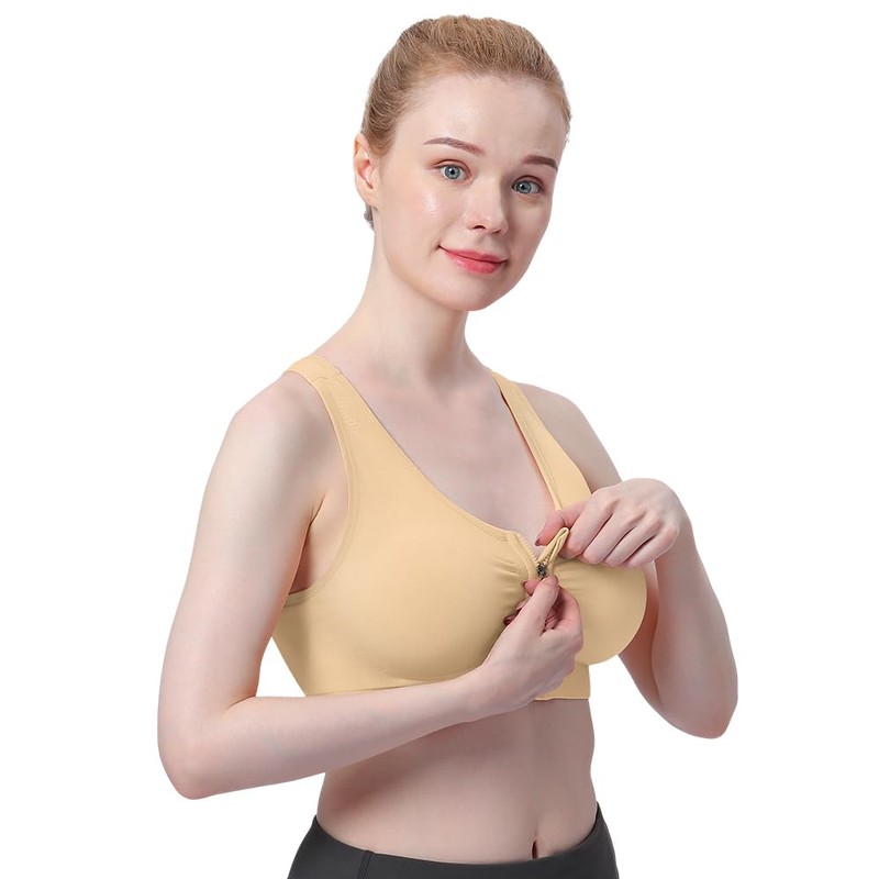 WANAYOU Women's Zip Front Sports Bra Wireless Post-Surgery Bra Active