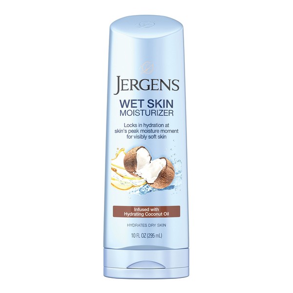 Jergens Wet Skin Body Moisturizer with Oil, In Shower Lotion for Dry Skin, Fast-Absorbing, Non-Sticky, Dermatologist Tested, Basic, Coconut, 10 Fl Oz