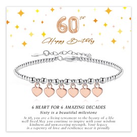 KENIY 60th Birthday Gifts for Women, Silver Heart Bracelets for Women with Birthday Cards, 925 Sterling Silver Bracelets Adjustable, 60th Birthday Gift Ideas for Womens Mum Grandma Auntie Friends