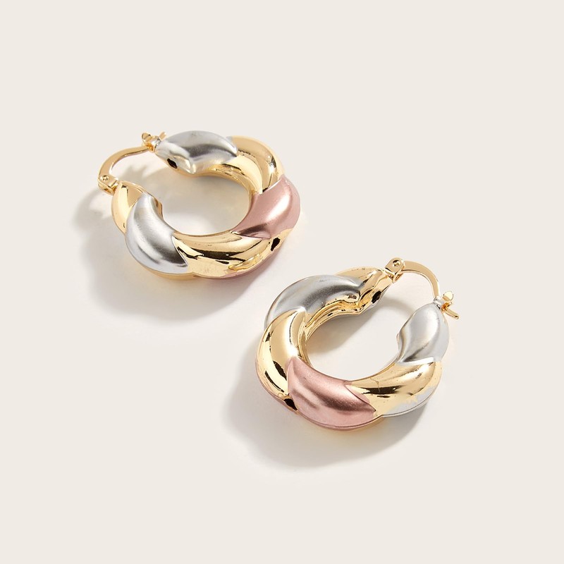 Women's Tri Color Twisted Hoop Earrings - Gold Silver and