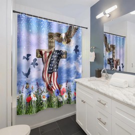 APROPHIC 4th of July Shower Curtains for Bathroom Decor, Cross Eagle Flowers Patriotic Shower Curtain, Polyester Fabric Memorial Day Shower Curtain with Hooks, Machine Wash 72x72 in