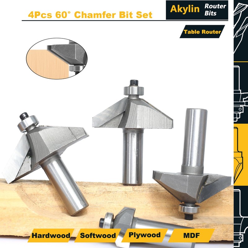 Akylin 4pcs 60 Degree Chamfer Bit Set,1/2" Shank,3/16",5/8",3/4" and 7/8"