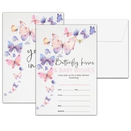 Butterfly Baby Shower Invitations, Butterfly Kisses & Baby Wishes Gender Neutral Invitation, Double-Sided Boho Fill In Invites, Gender Reveal Party Decorations, 25 Cards With 25 Envelopes(A01)