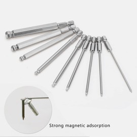 9 Piece Hex Screwdriver Bit Set Stainless S2 Steel Magnetic Ball Head Hex Bits 1/4" Hex Shank Metric Ball End (100mm)